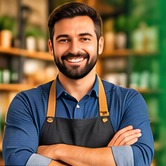 Microempreendedor de avental em sua loja